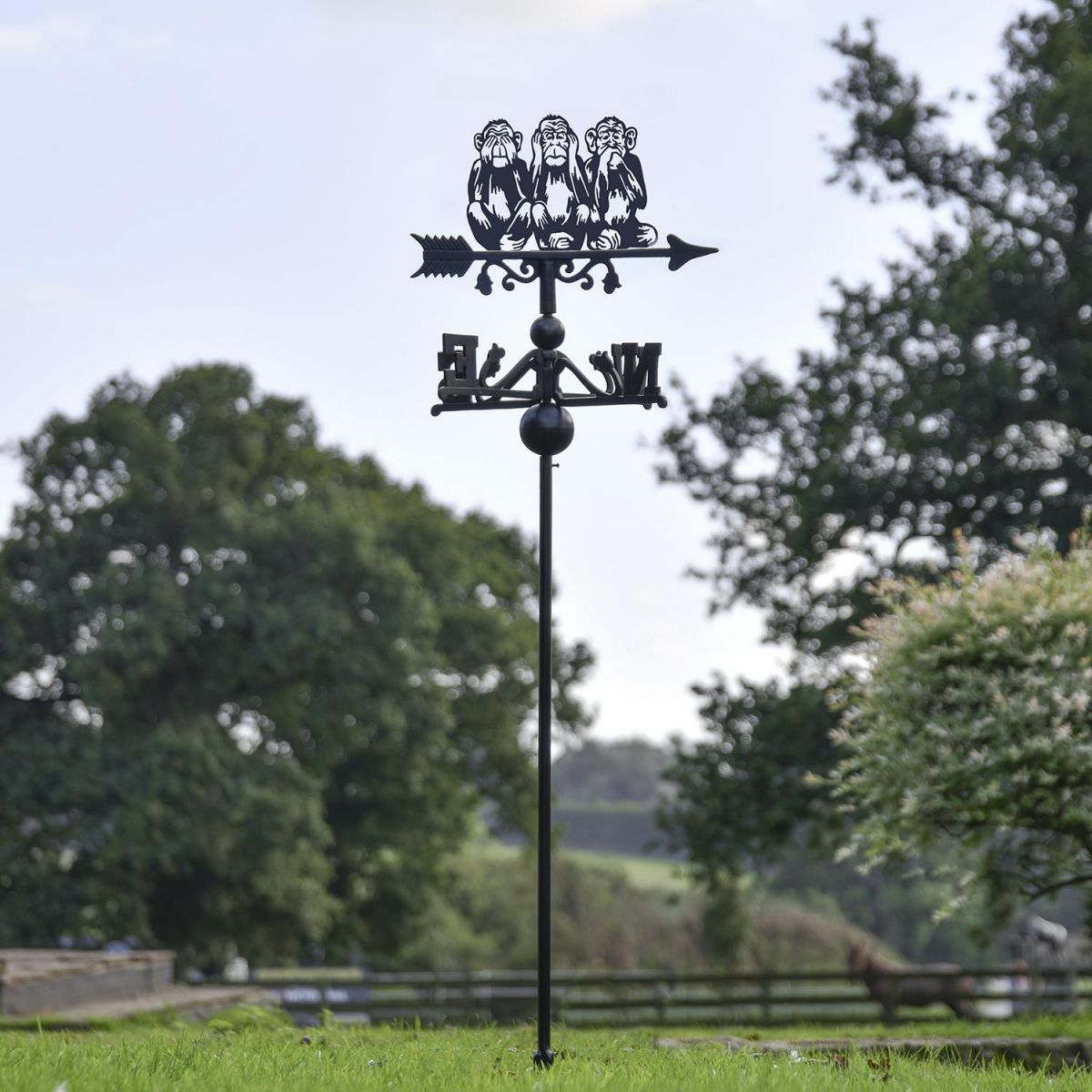 "See No Evil, Hear No Evil, Speak No Evil" Free Standing Weathervane in Use Outdoors
