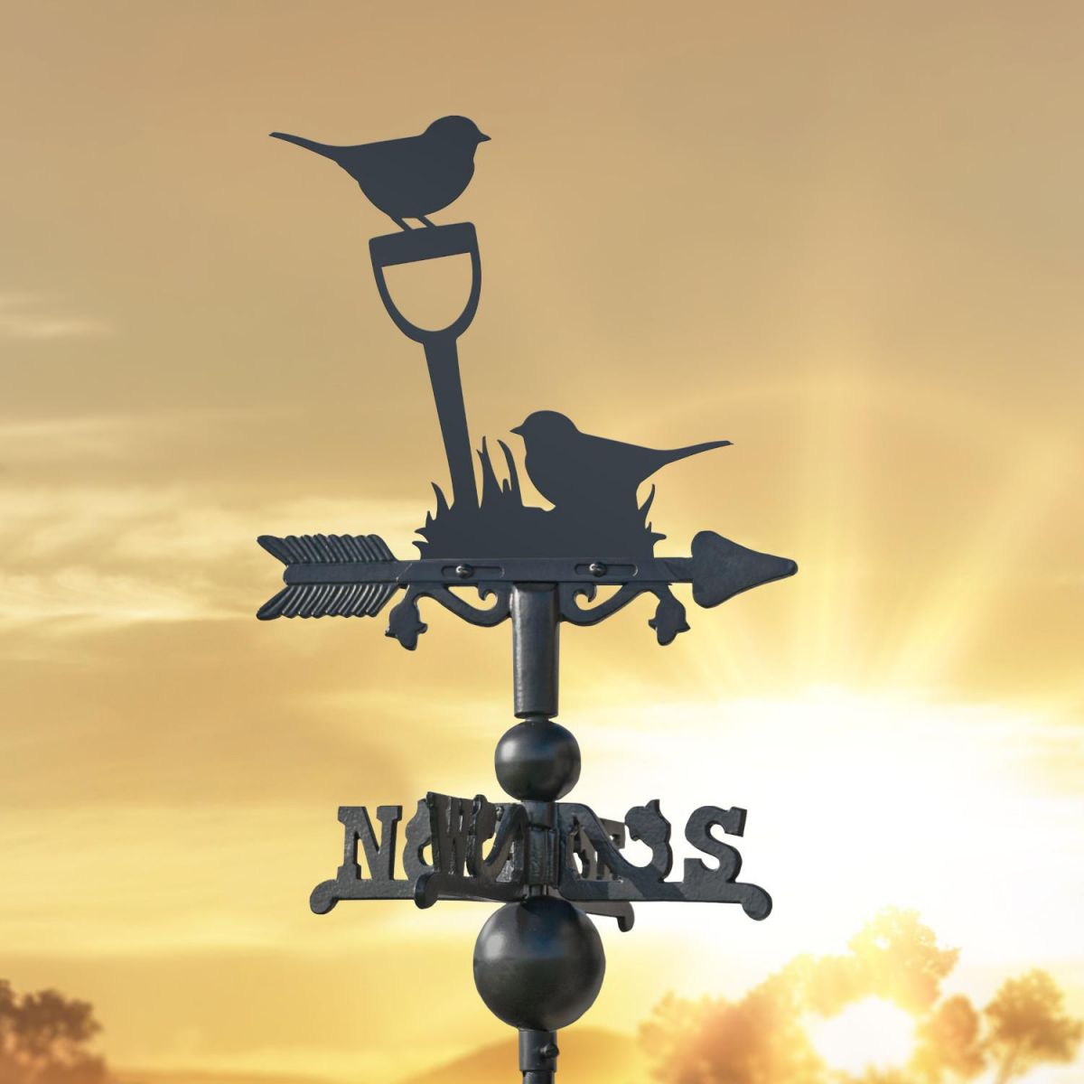 Pair of Robins on Miniature Weathervane at Sunset