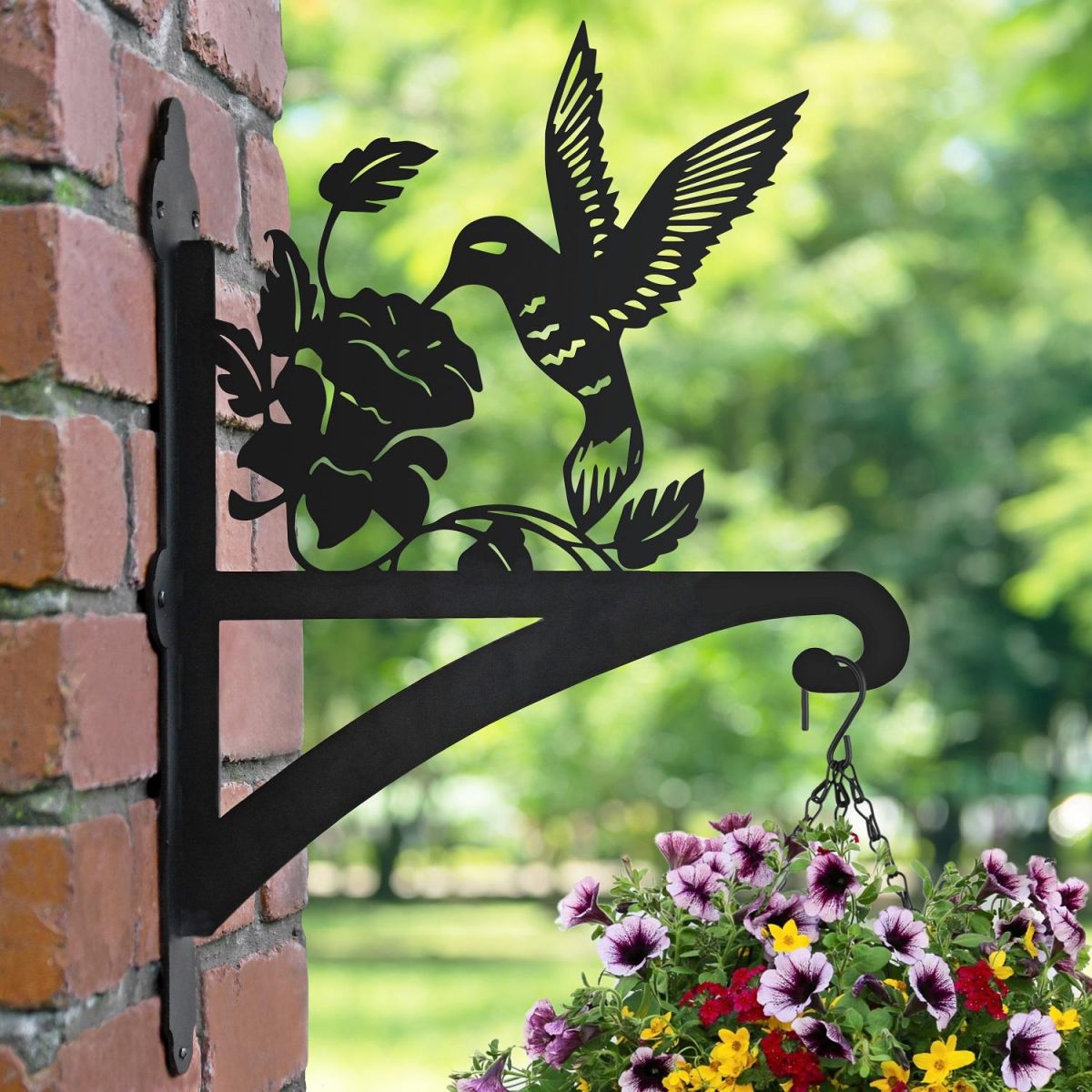 Hummingbird Hanging Basket Bracket in Situ on a Brick Wall