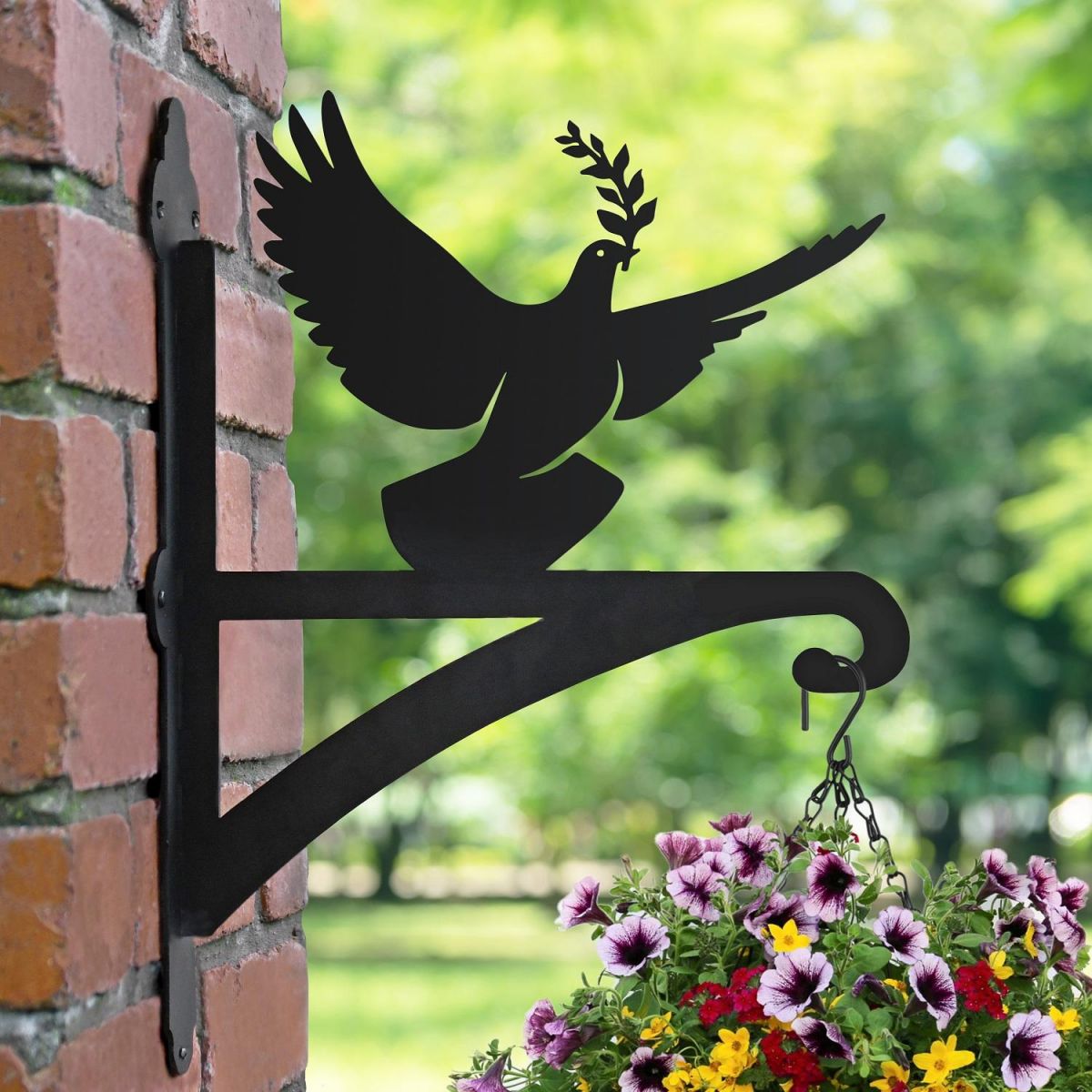 Dove of Peace Hanging Basket Bracket in Garden Setting 
