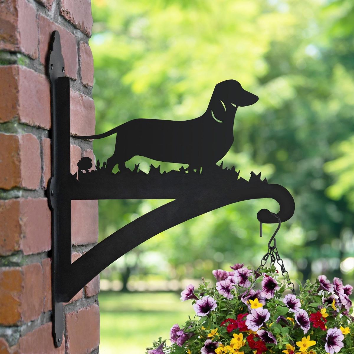 Dachshund Dog Hanging Basket Bracket in Situ on a Brick Wall