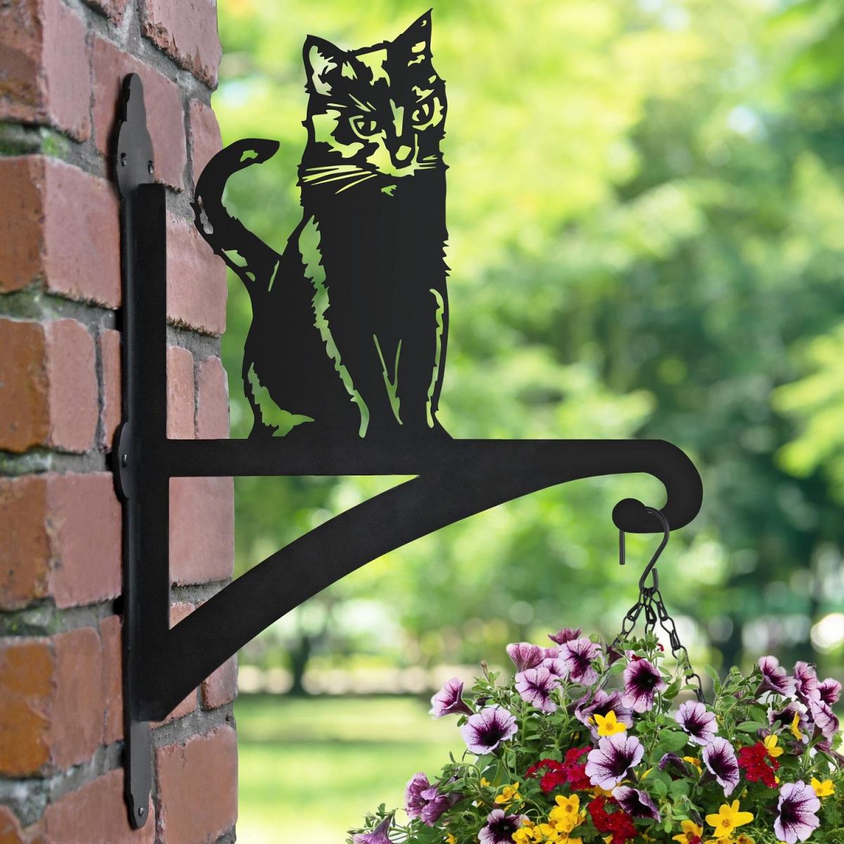 Sitting Cat Hanging Basket Bracket in the Garden