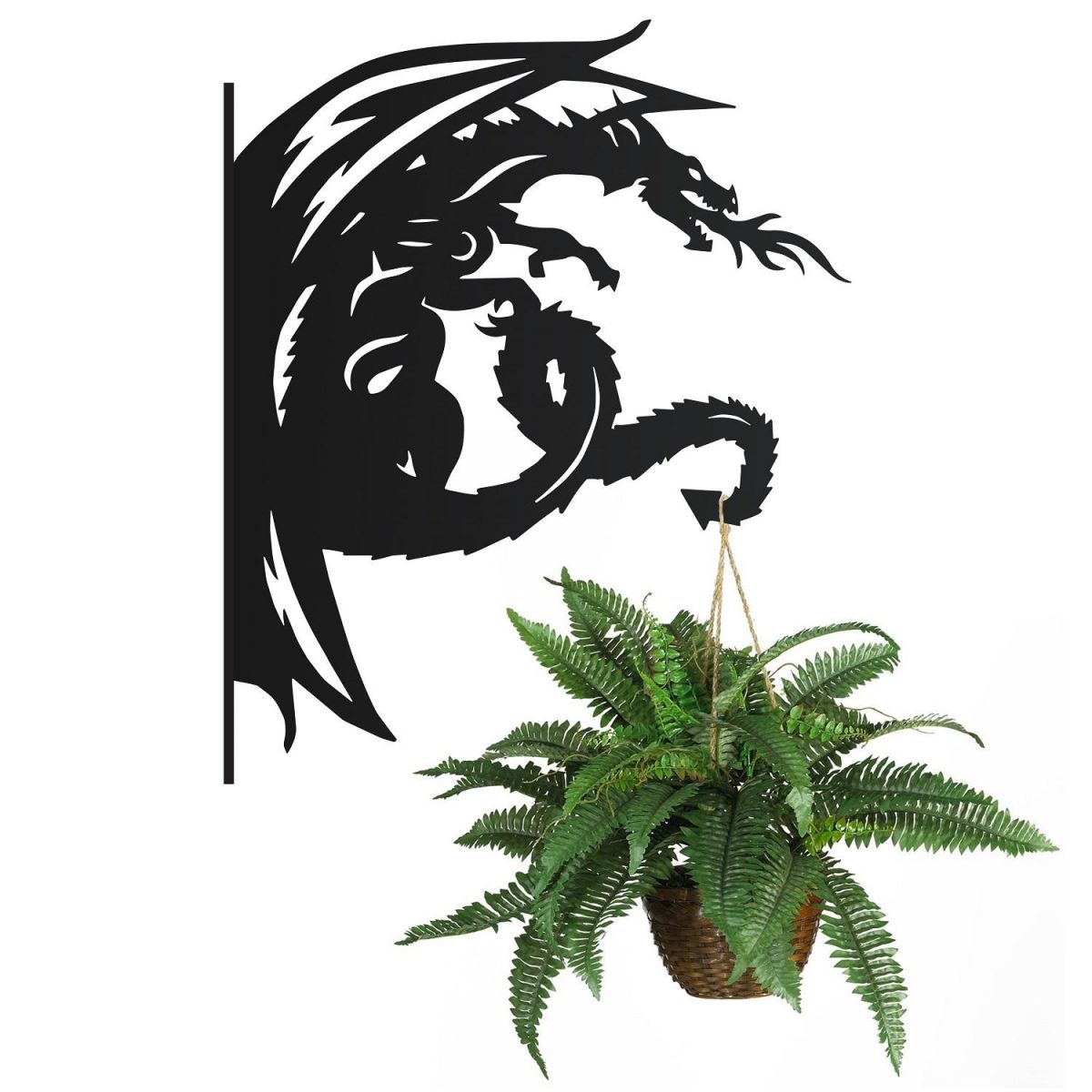 Tribal Dragon Hanging Basket Bracket holding a Flower Basket