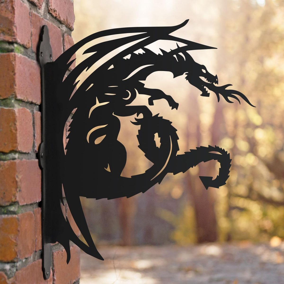 Tribal Dragon Hanging Basket Bracket Mounted onto a Brick Wall 
