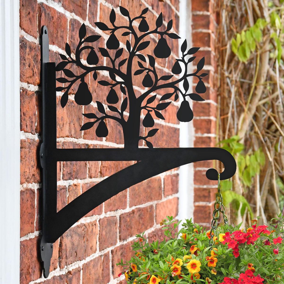 Pear Tree Hanging Basket Bracket on a Brick Wall in the Garden