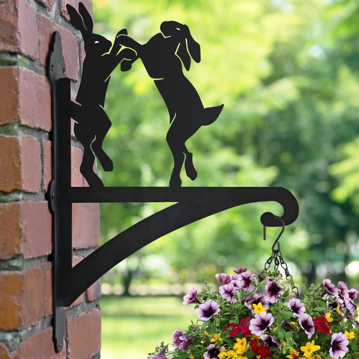 Boxing Hares Hanging Basket Bracket in Garden Setting 