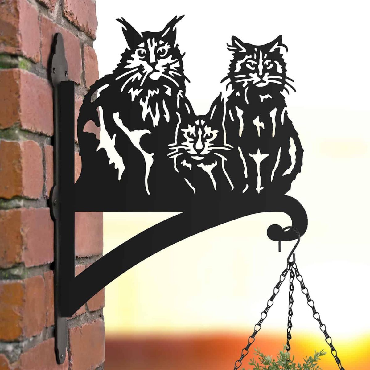 Steel Hanging Basket Bracket with Three Cats Topper