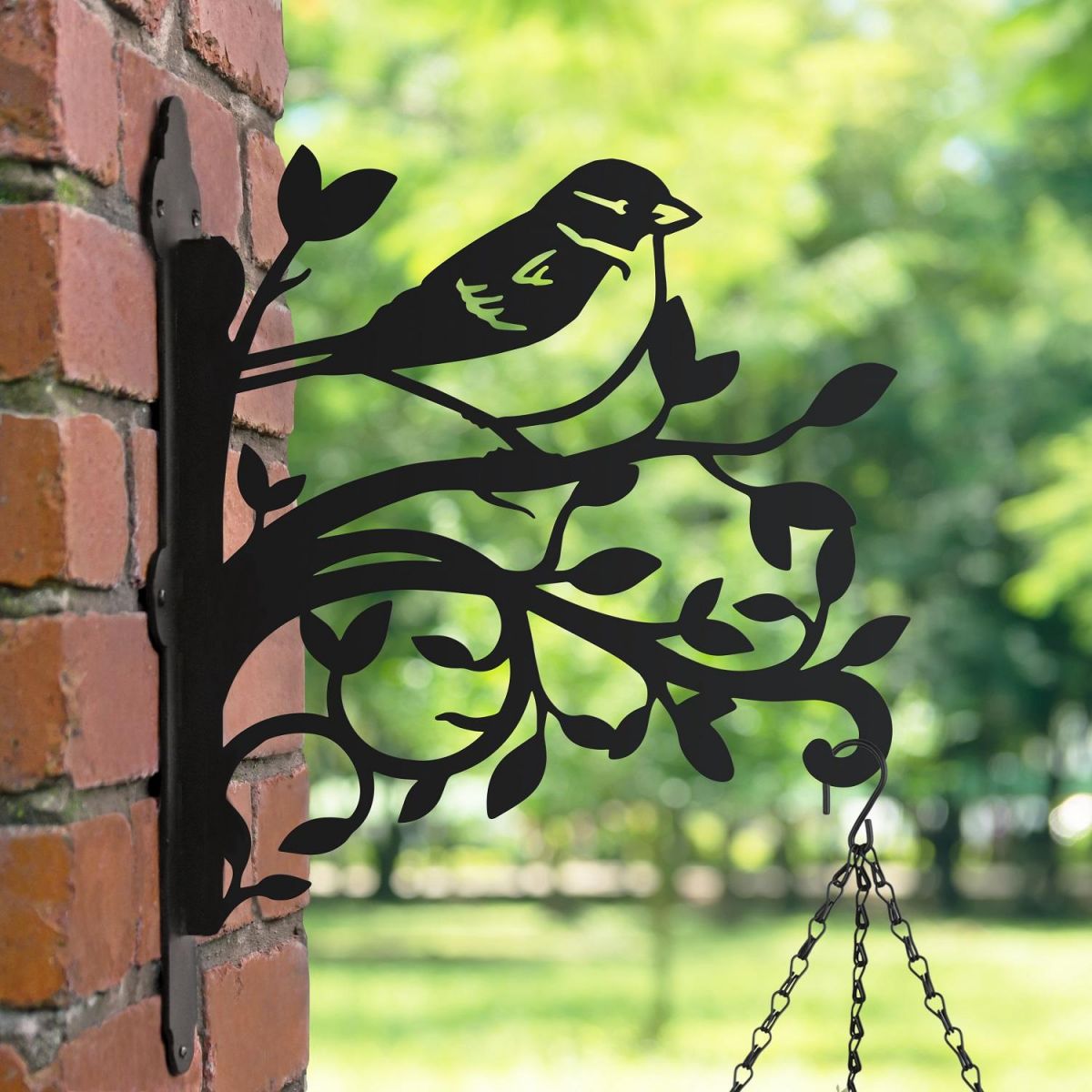 House Sparrow & Branches Iron Hanging Basket Bracket 