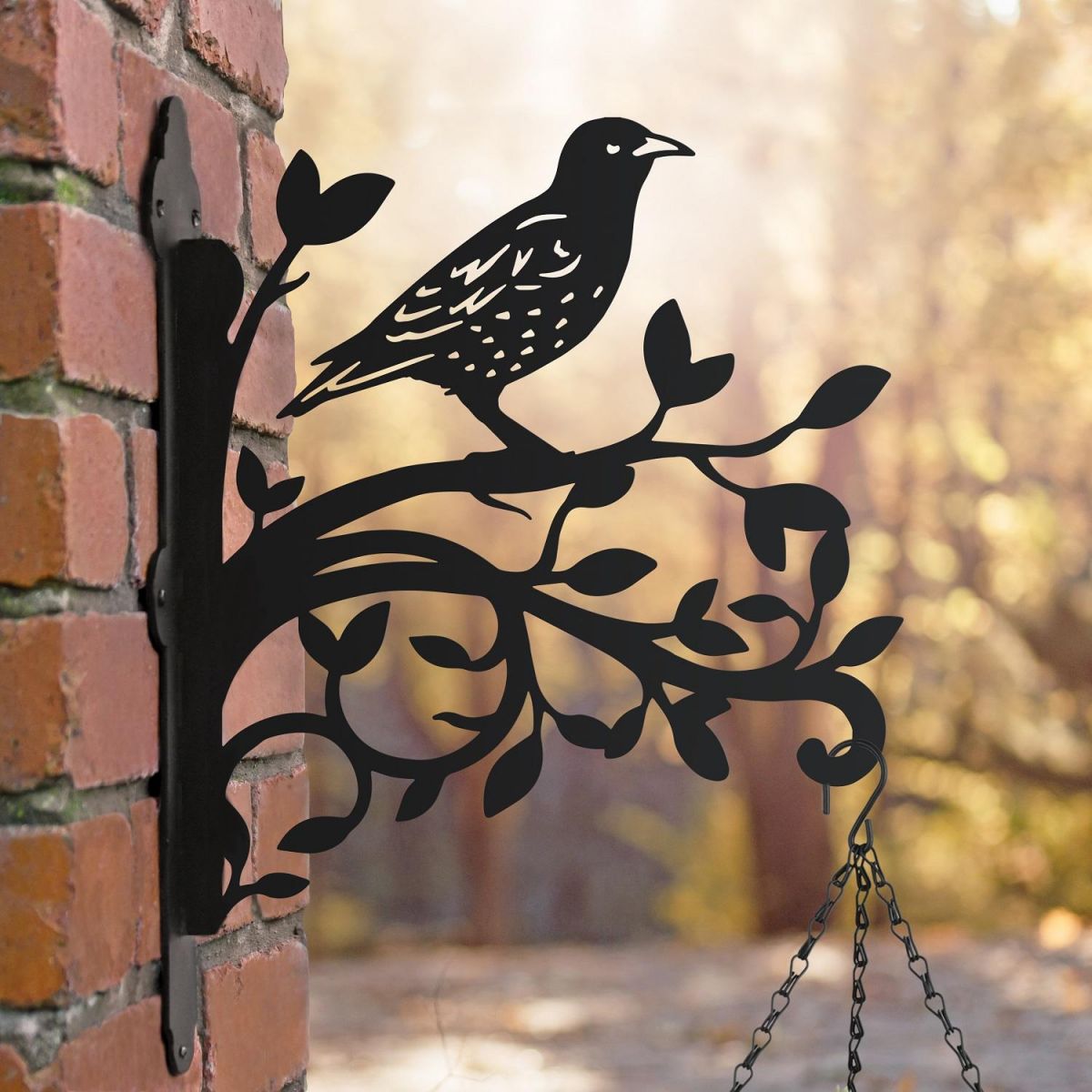 Hanging Basket Bracket with Starling & Branches in Black
