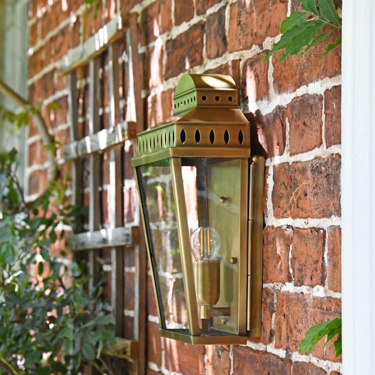 Side view of antique brass wall mounted light