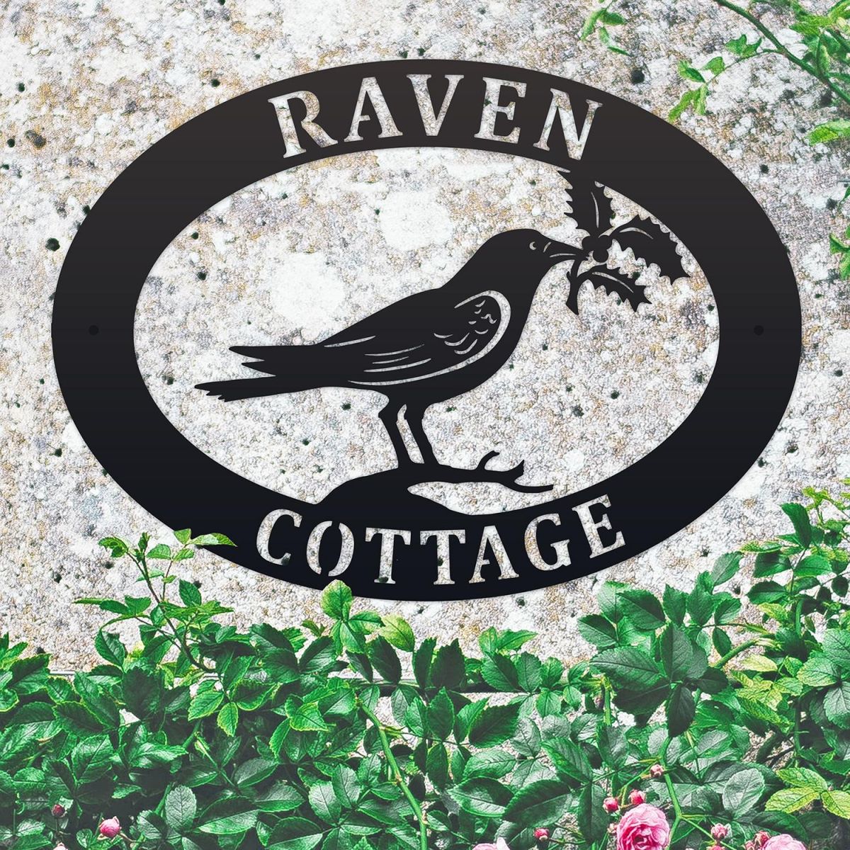 Raven & Holly Iron Oval House Sign on a Stone Wall