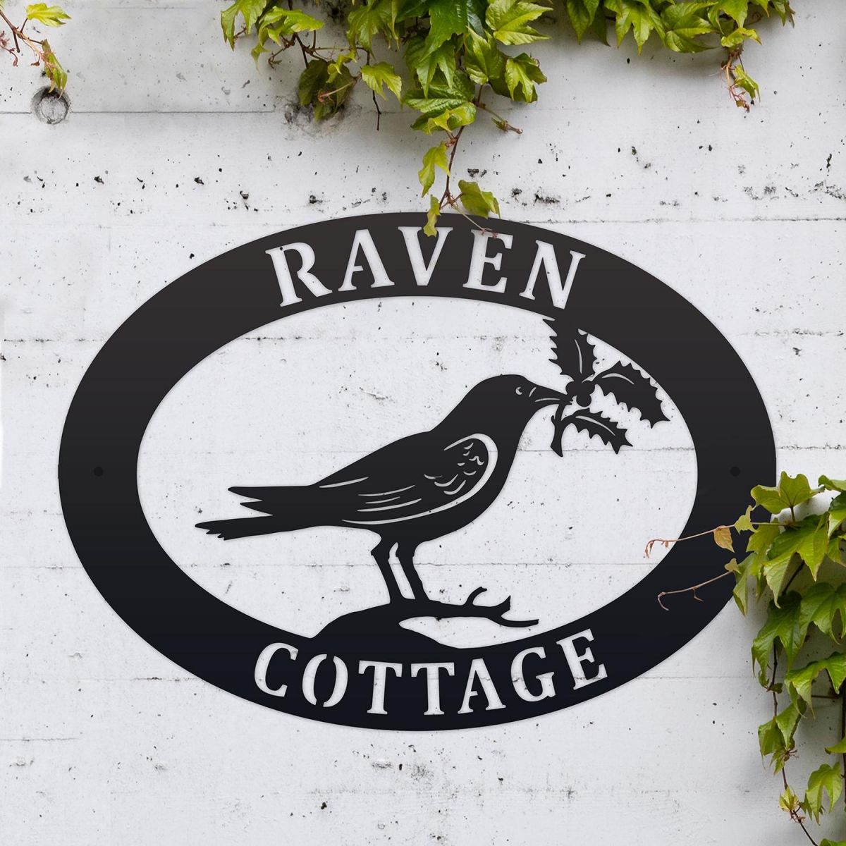 Raven & Holly Iron Oval House Sign in Situ