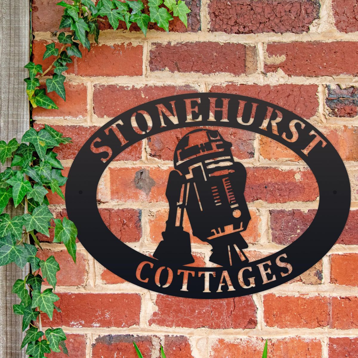 Black Iron Oval House Name Sign R2D2 design 