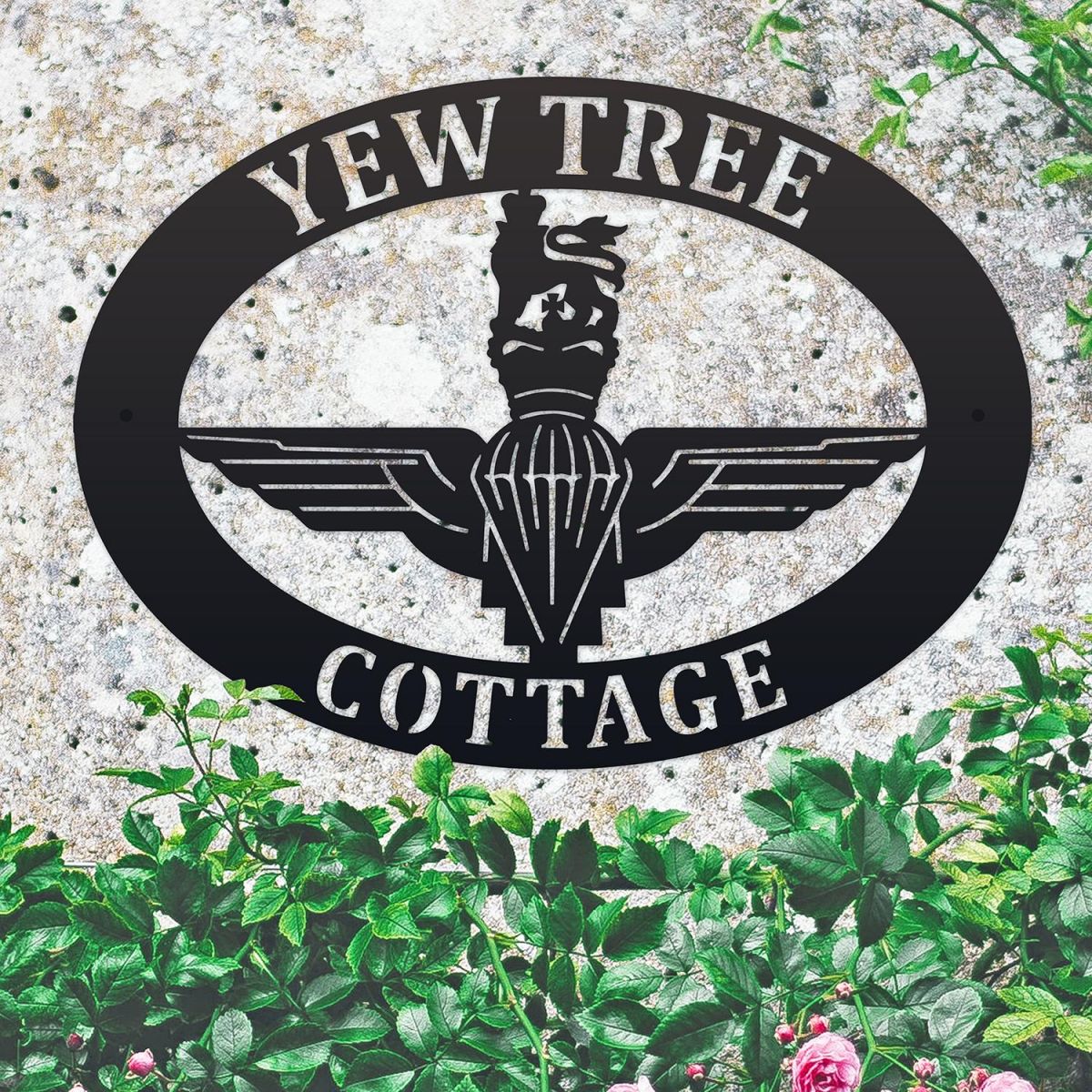 British Parachute Regiment Iron Oval House Sign on a Stone Wall