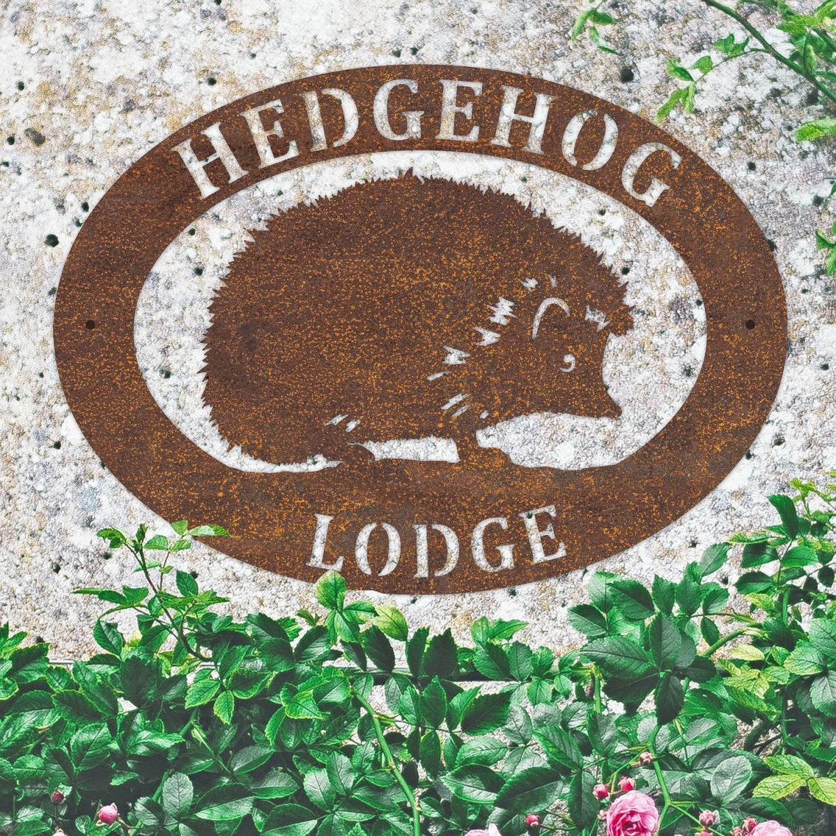 Hedgehog Oval House Sign in Rustic Finish 