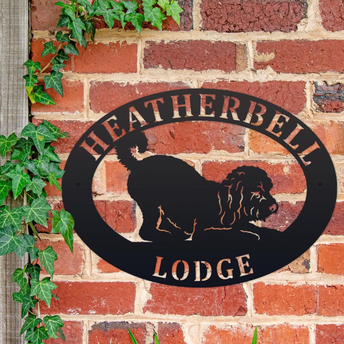 Oval House Name Sign with Playful Cockapoo 
