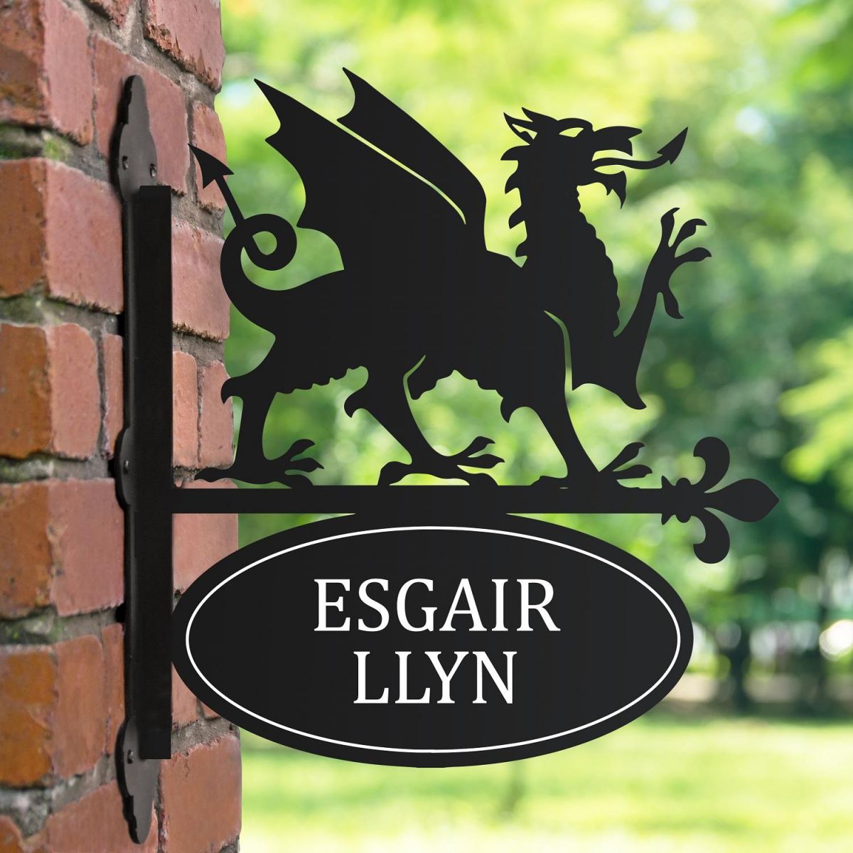 Black Welsh Dragon Iron Bracketed House Name Sign 