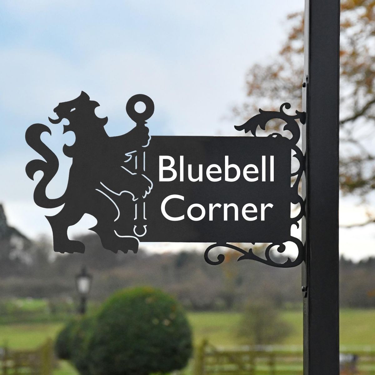 Lion & Staff Iron Bracketed House Name Sign in full 