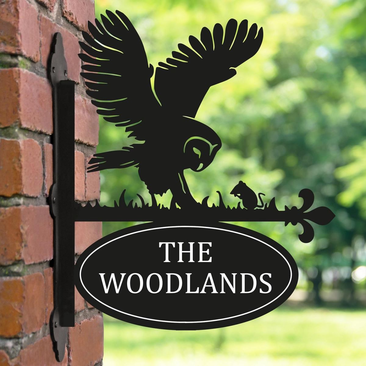 Barn Owl Iron Bracketed House Name Sign in Garden