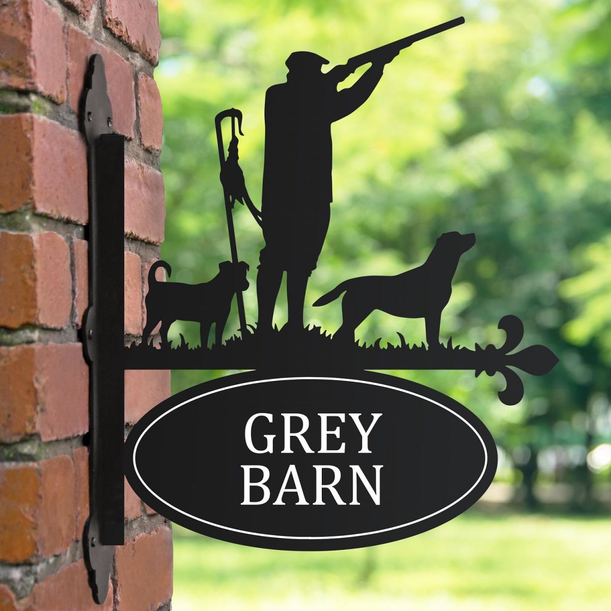 "Game Season" Jack Russel & Labrador Iron Bracketed House Name Sign in Black 