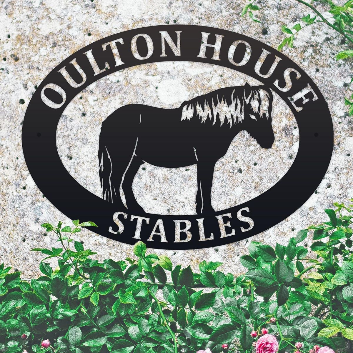 Shetland Pony Iron Oval House Sign on a Stone Wall