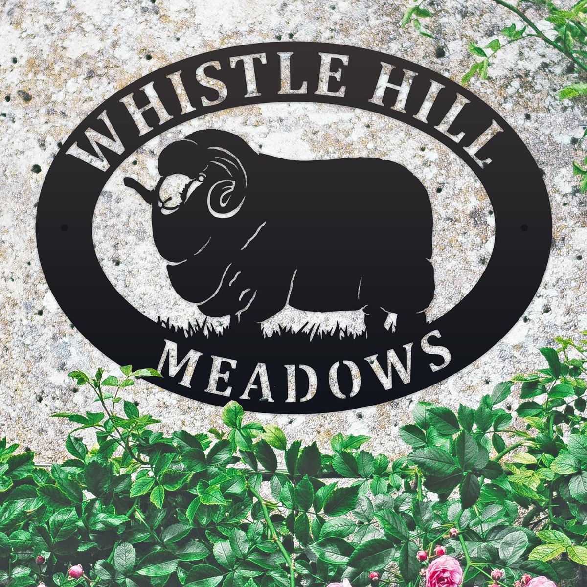 Merino Sheep Iron Oval House Sign on a Stone Wall