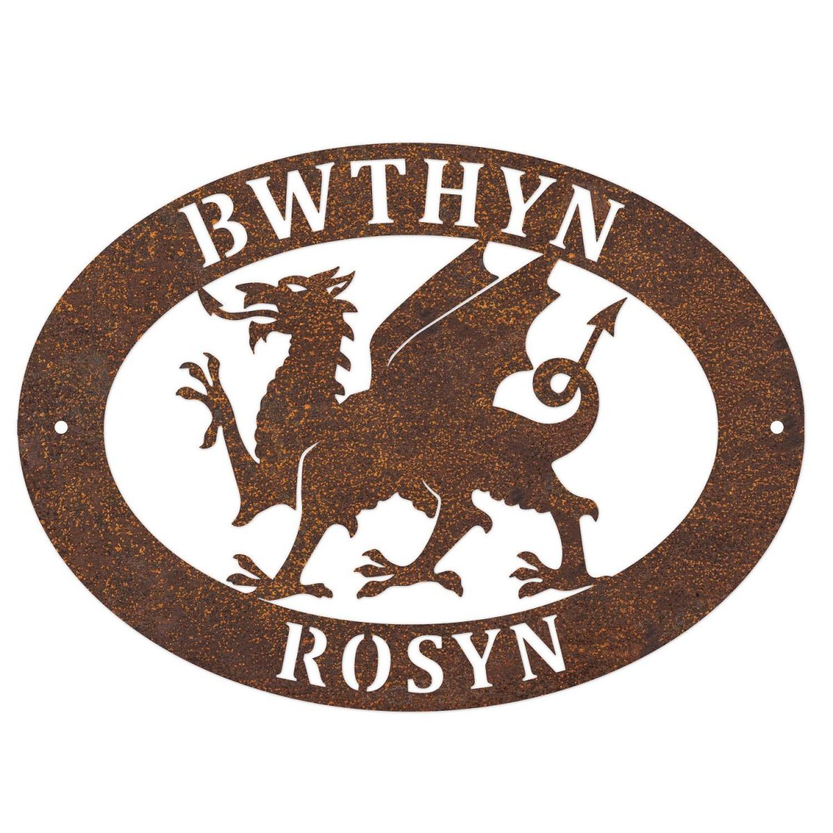 Welsh Dragon Iron Oval House Sign on a White Wall