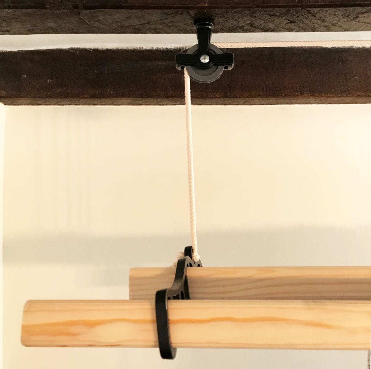 Cast iron & wood clothes airer suspended from pulleys