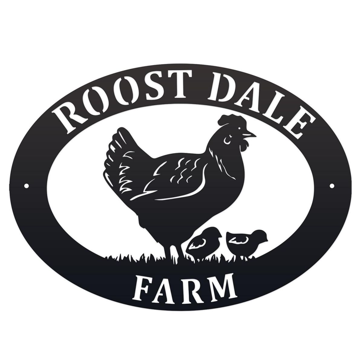 Hen & Chicks Iron Oval House Sign in a Black Finish