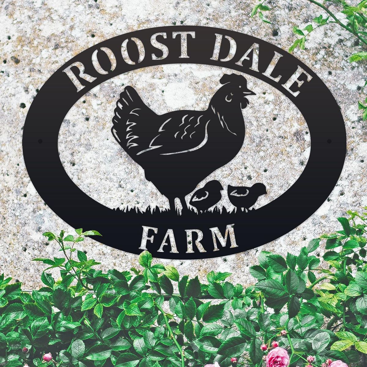 Hen & Chicks Iron Oval House Sign on a Stone Wall