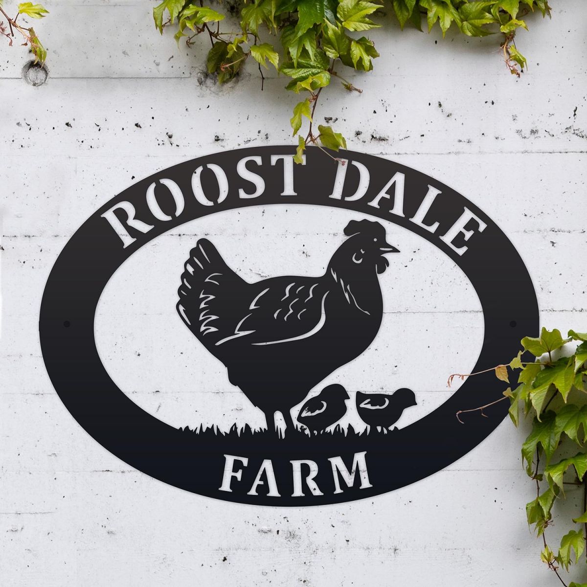 Hen & Chicks Iron Oval House Sign in Situ