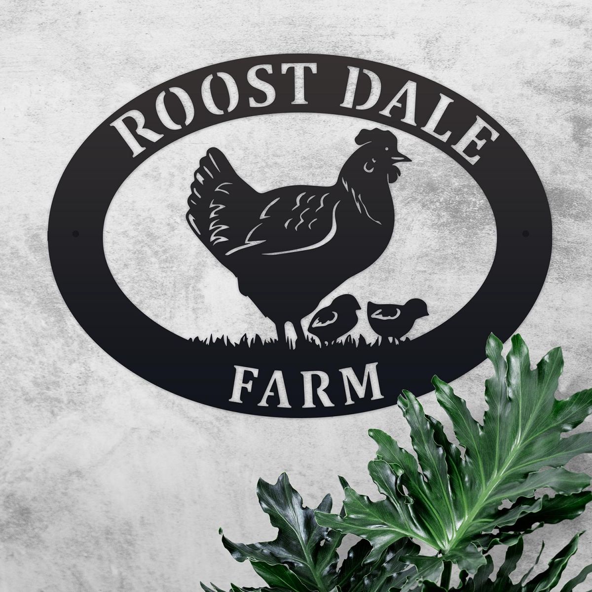 Hen & Chicks Iron Oval House Sign in Use Outdoors