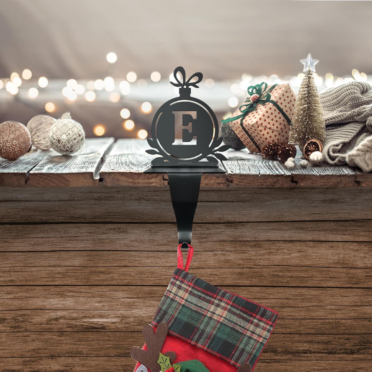 Letter E Stocking Holder in Situ Holding a Stocking`