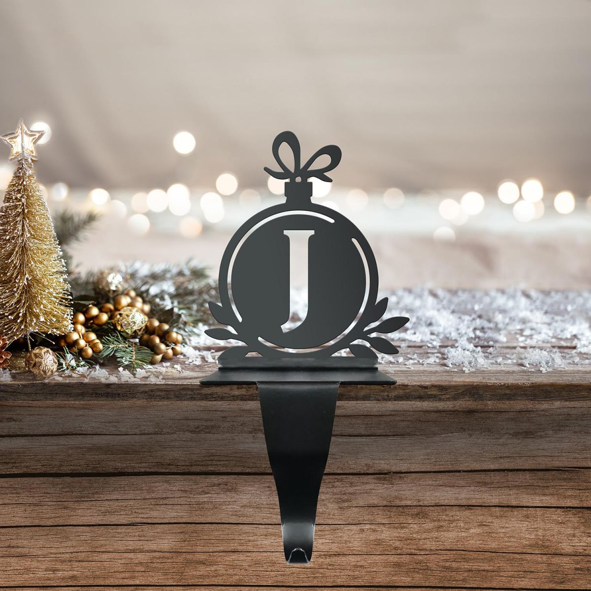 Letter J Stocking Holder in Situ on a Mantel Piece 