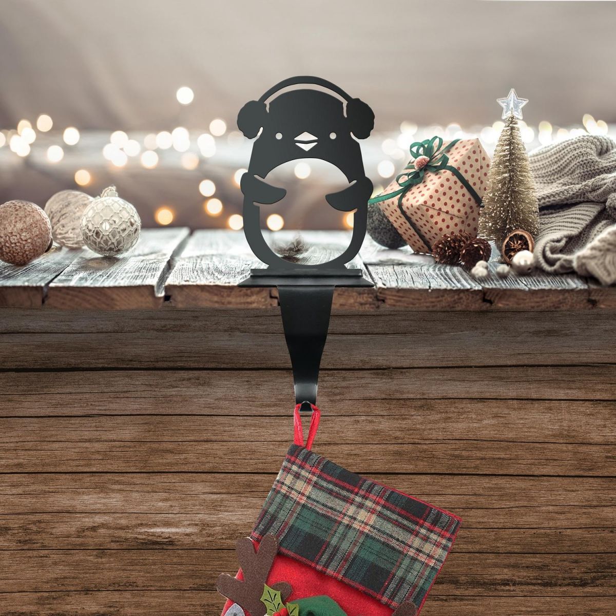 Penguin in earmuffs stocking holder 