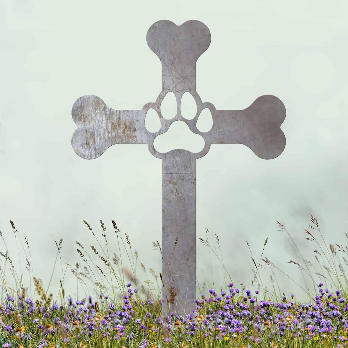 Paw Print on Dog Bone Cross Grave Marker Ground Spike in Natural Steel Finish
