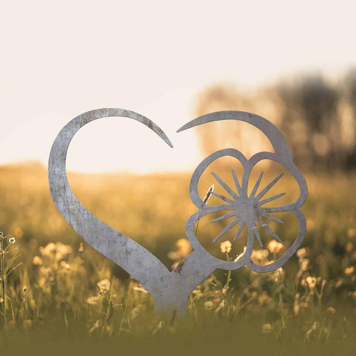 Poppy on Love Heart Grave Marker Ground Spike in Natural Steel Finish in Situ