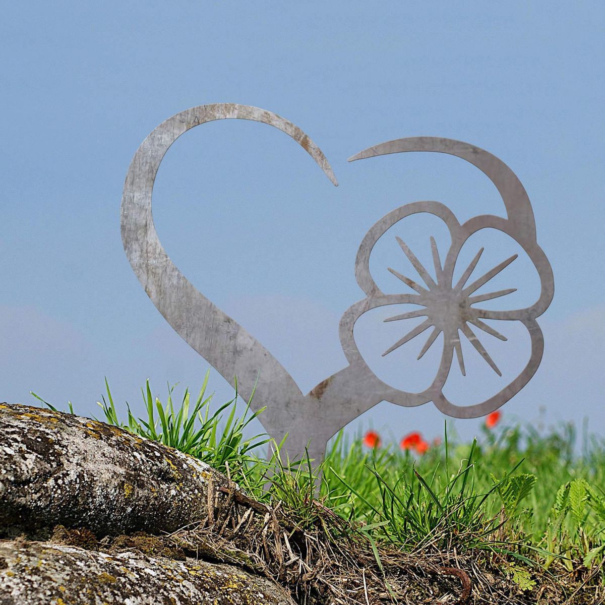 Unfinished Poppy on Love Heart Grave Marker Ground Spike