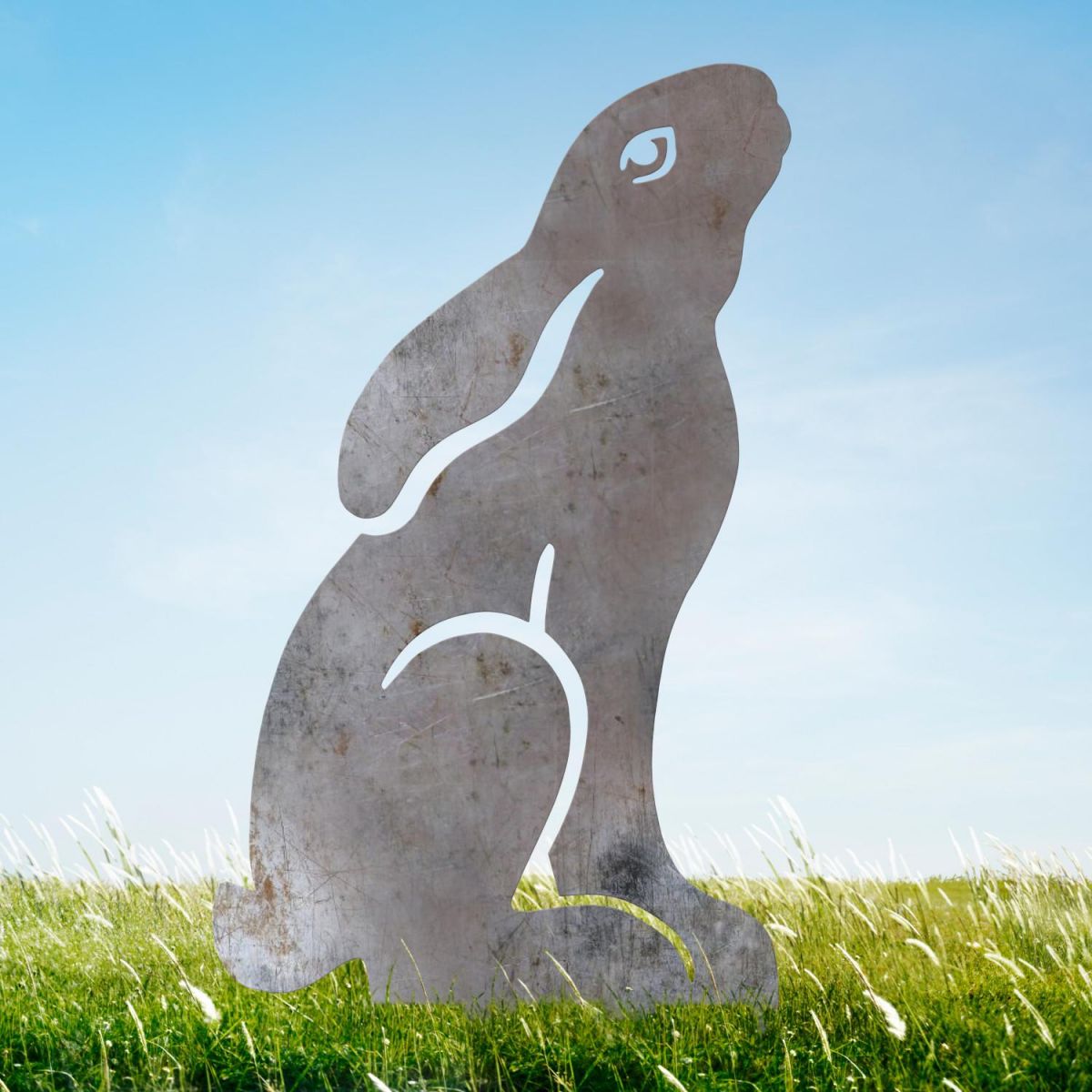 Unfinished Sheet Steel Silhouette with Realistic Moon Gazing Hare Design in Situ