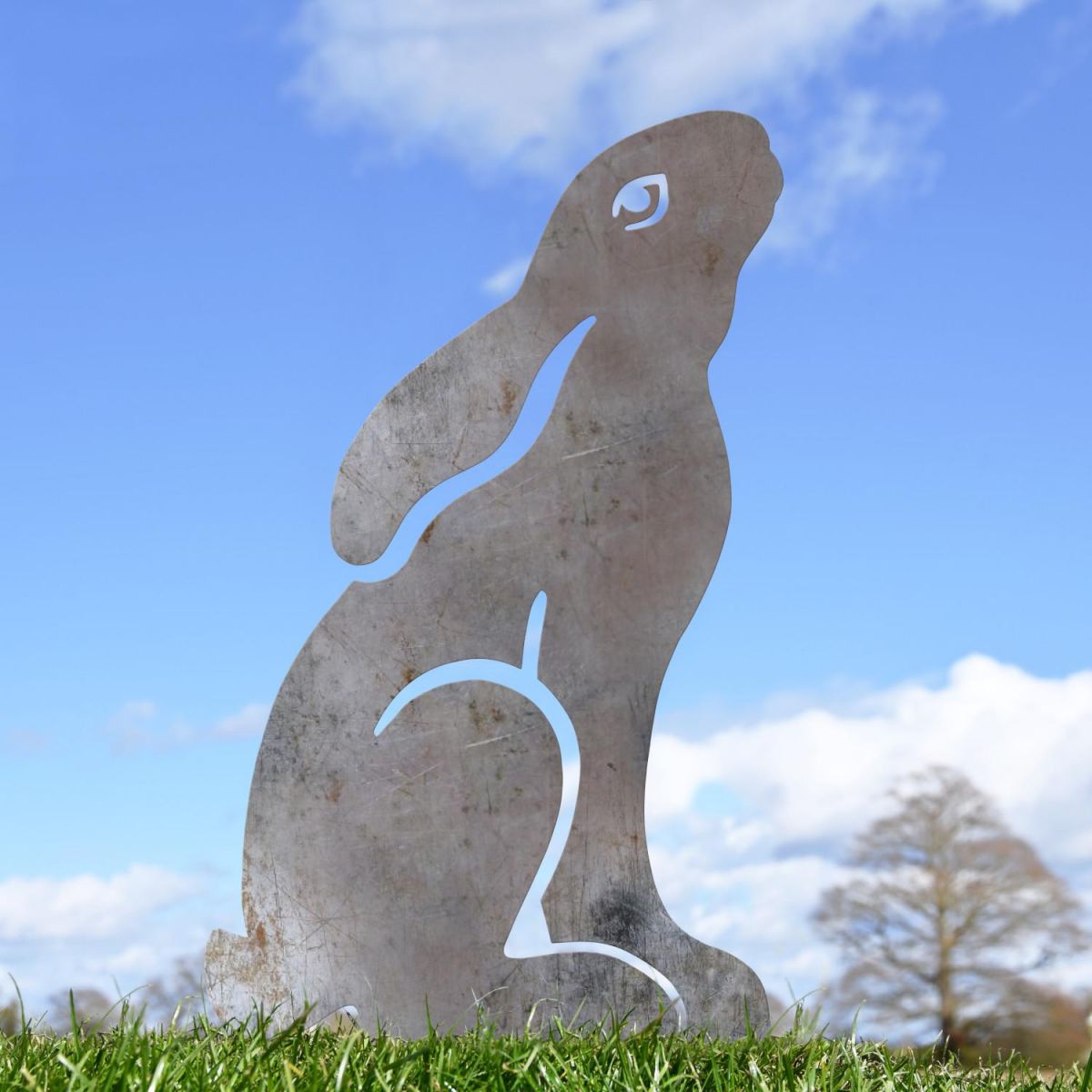 Realistic Moon Gazing Hare Sheet Steel Silhouette in Natural Steel Finish in Situ