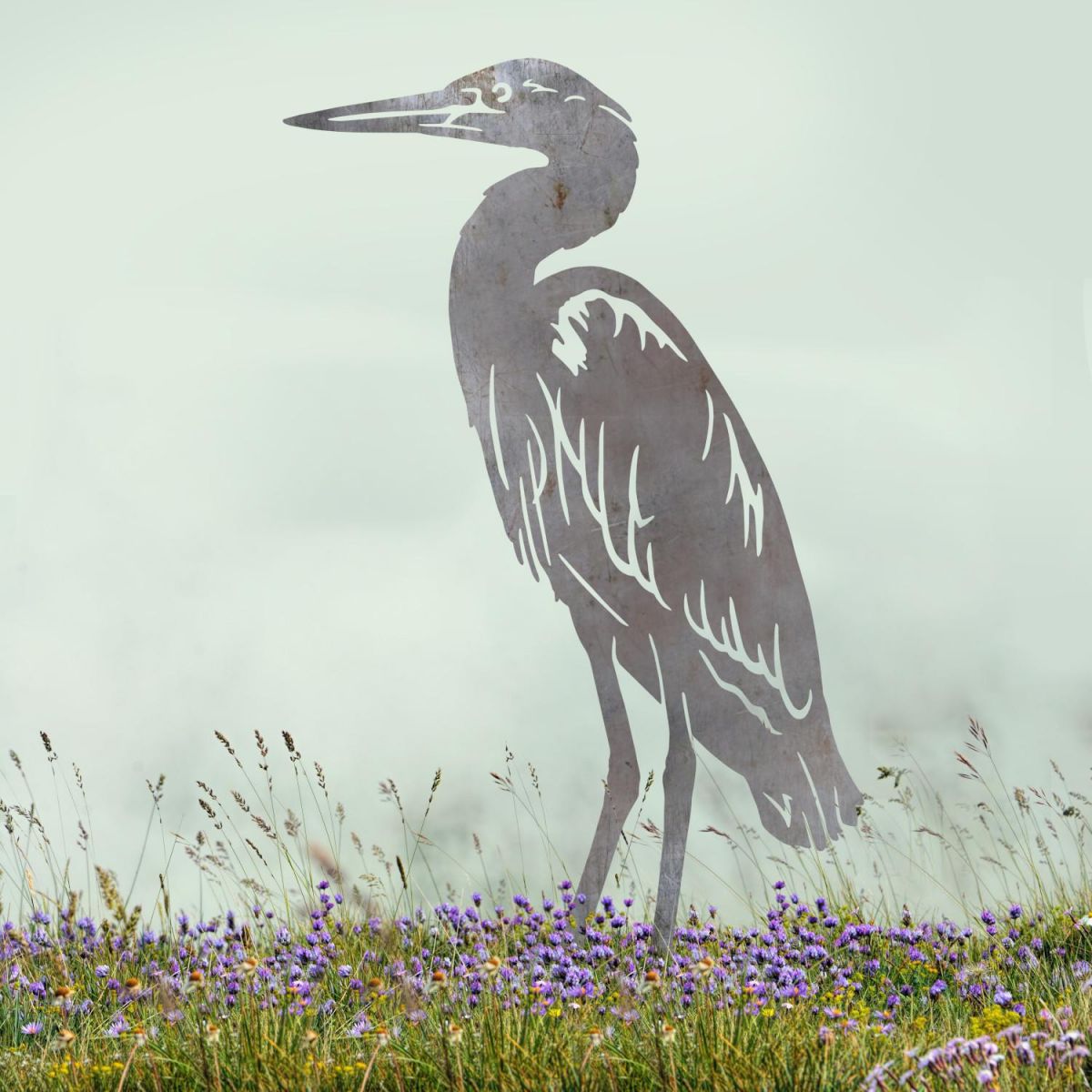 Unfinished Sheet Steel Silhouette with Standing Heron Design