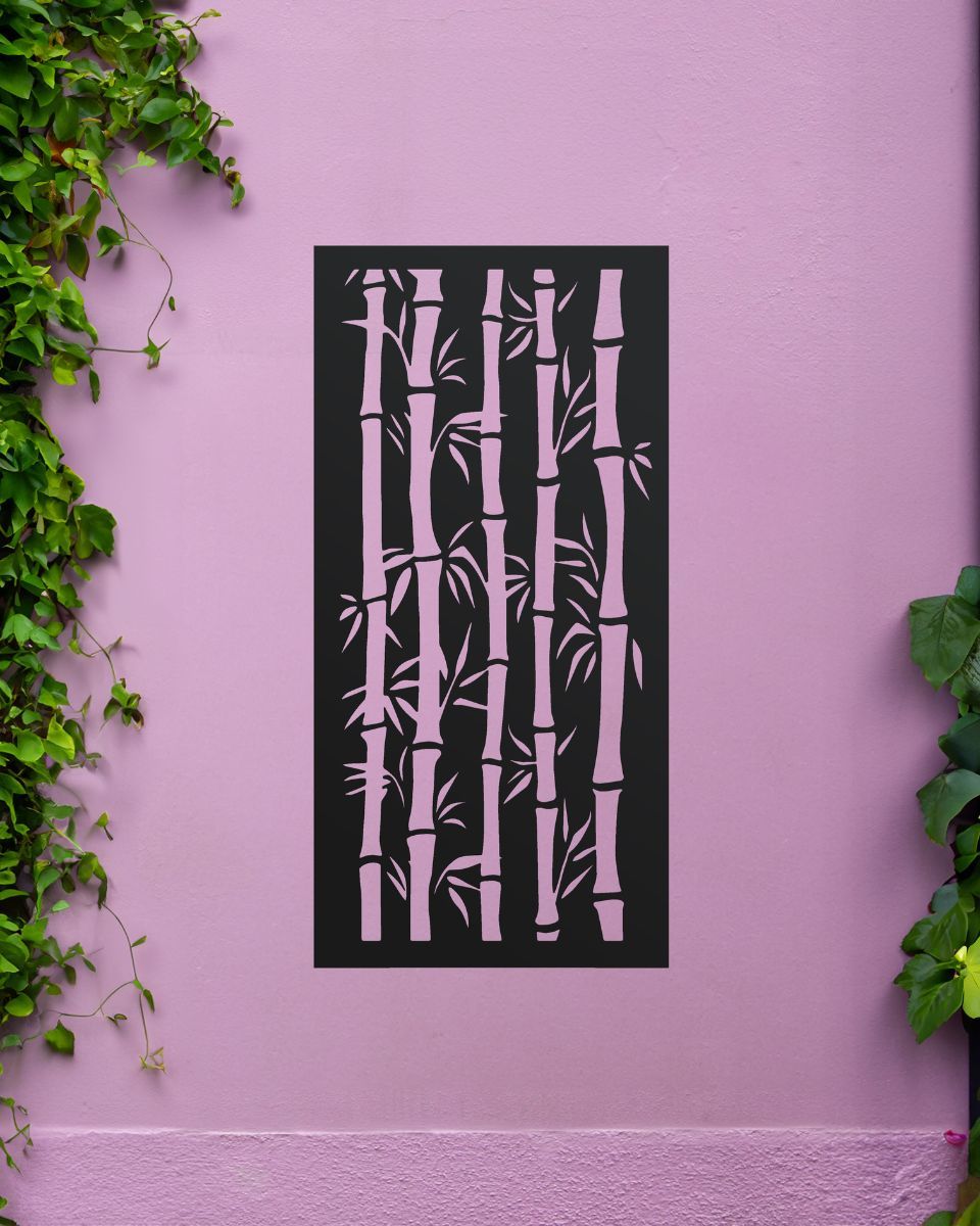 Black "Bamboo Garden Wall Art" mounted onto a purple garden wall amongst garden plants