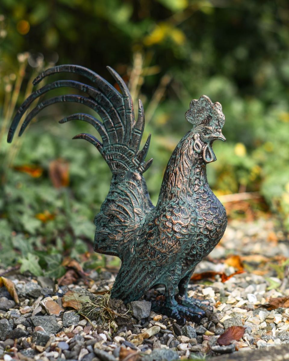 Three quarter view of Verdigris Rooster Sculpture
