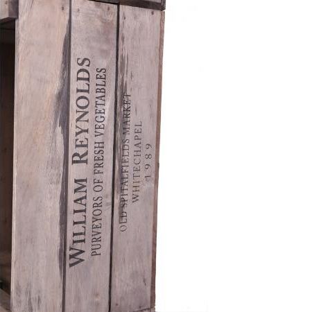 Close-up of the Text on the Vintage Apple Crate Storage Cabinet