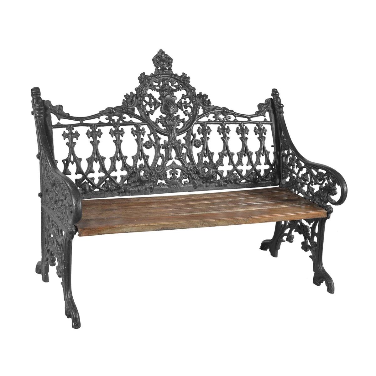 Vintage Victorian Cast Iron & Wood Bench in Black 