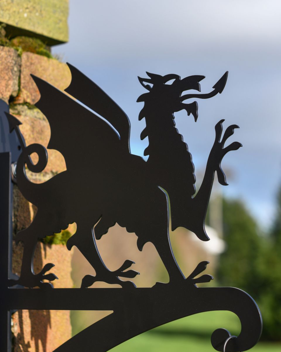 Close up details of Welsh Dragon Iron Hanging Basket Bracket