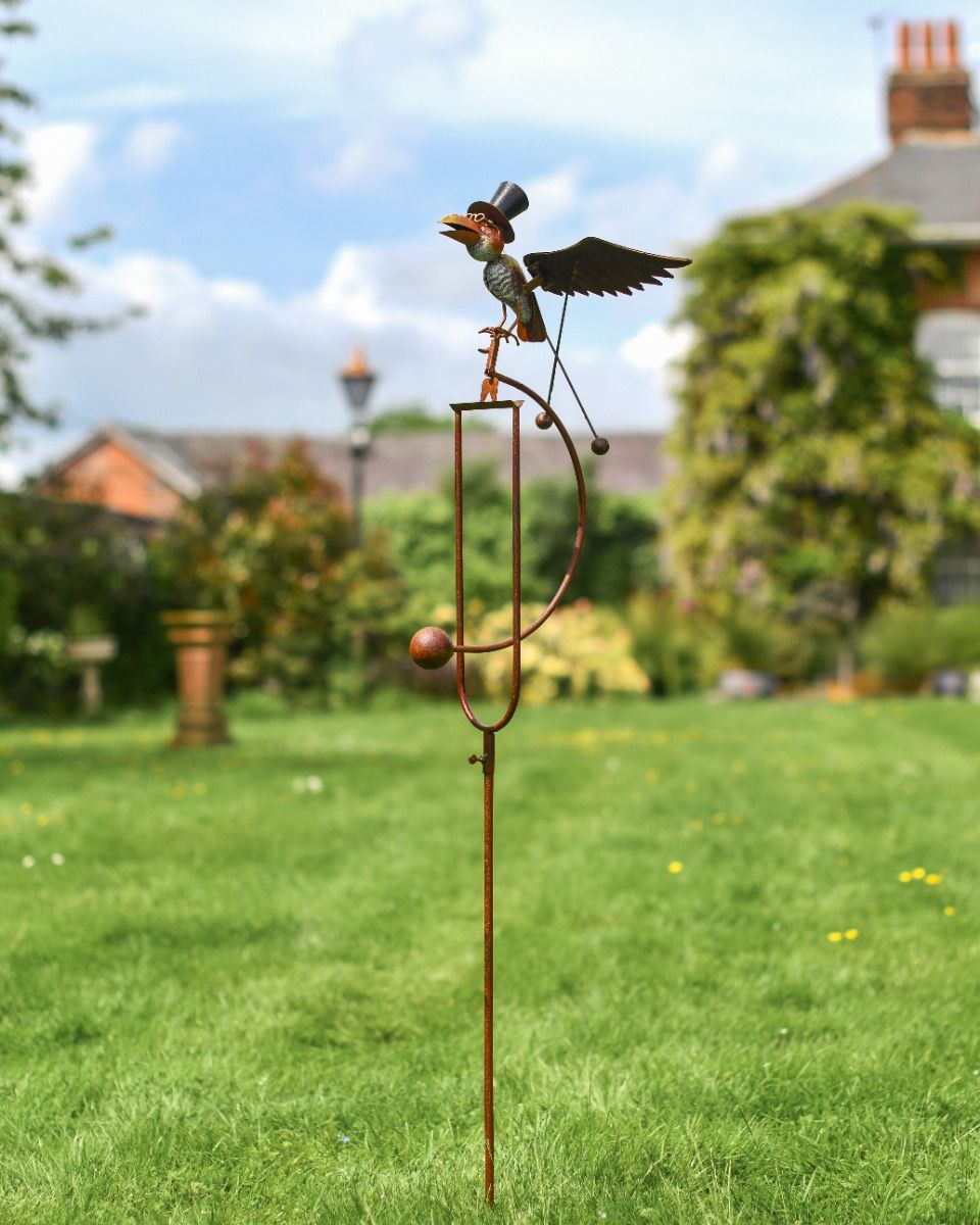  Bird Wearing Top Hat on Rocking Garden Spike 