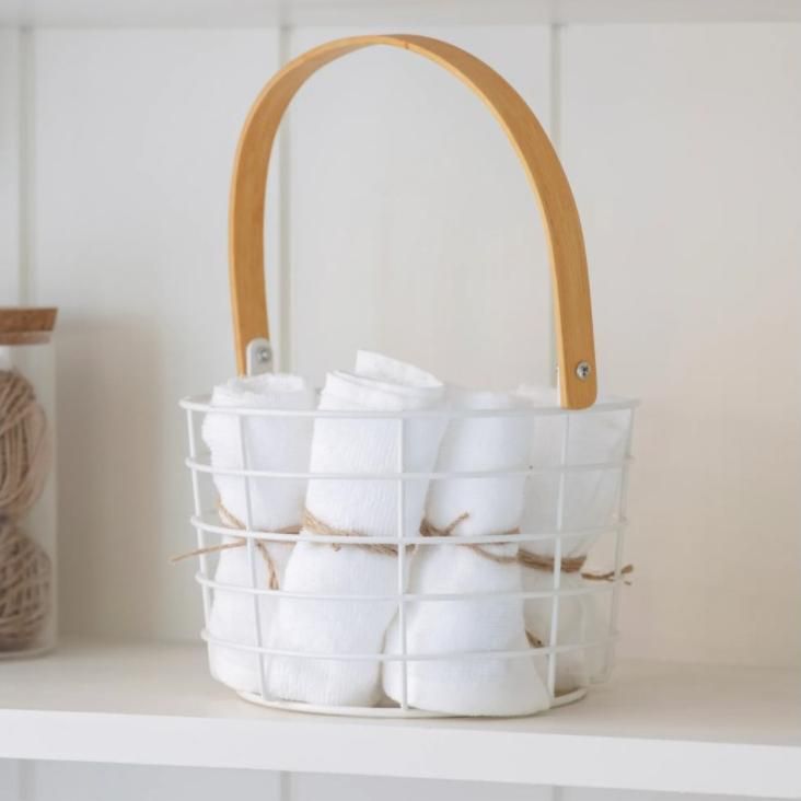 White Wire Utility Basket with Bamboo Handle