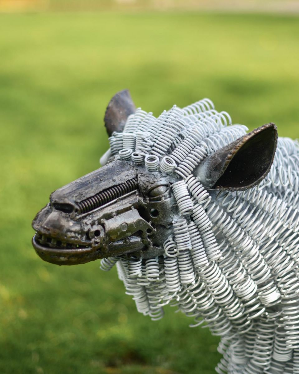 Close-Up of Facial Detail on Twisted Metal Sheep Sculpture