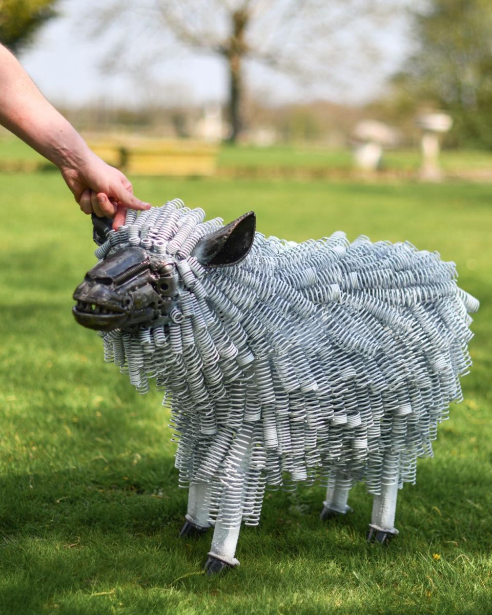 Scale Shot of White Twisted Metal Sheep Garden Sculpture - Recycled Outdoor Ornament